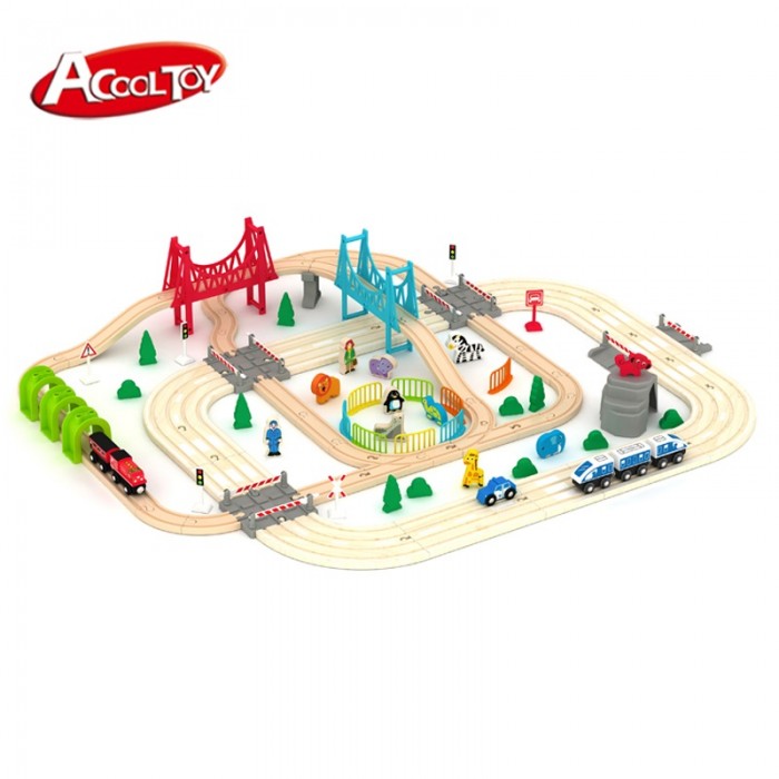 Set trenulete cu pista si circuit  autostrada din lemn si sine Rail Road Acooltoy -100 piese